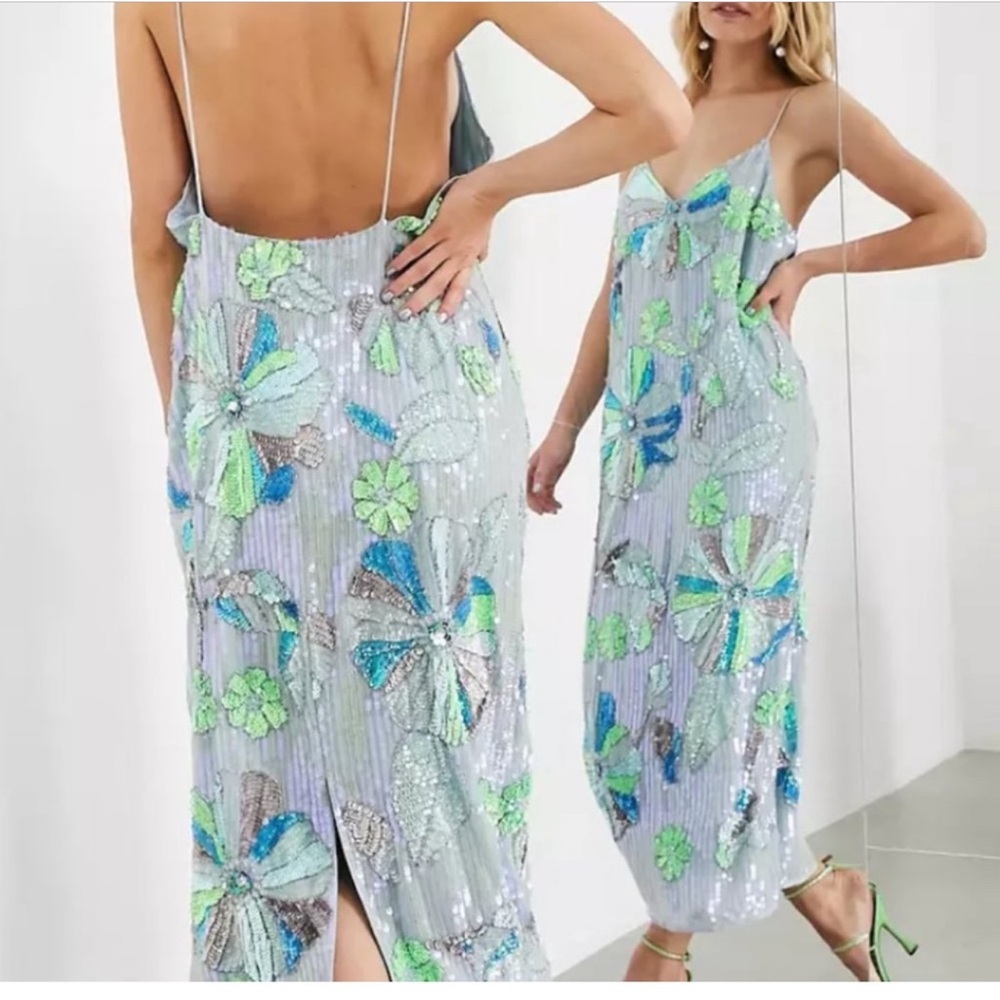 ASOS - Sequin Floral Dress with Green and Blue Accents